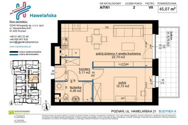 Rzut - Mieszkanie na sprzedaż 2 pokoje o powierzchni 45,1 m² - numer A/7/61 w Osiedle Hawelańska etap III - bud. A