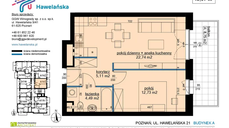 Rzut - Mieszkanie na sprzedaż 2 pokoje o powierzchni 45,1 m² - numer A/7/61 w Osiedle Hawelańska etap III - bud. A