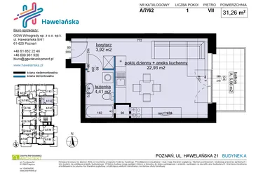 Rzut - Mieszkanie na sprzedaż 1 pokój o powierzchni 31,39 m² - numer A/7/62 w Osiedle Hawelańska etap III - bud. A
