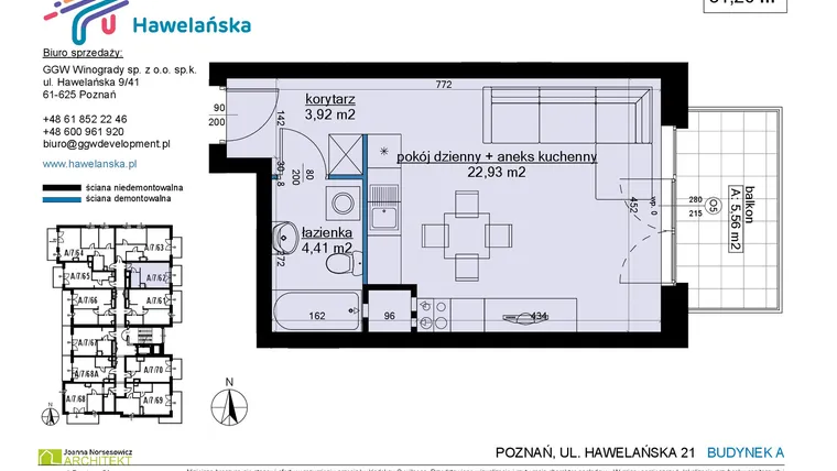 Rzut - Mieszkanie na sprzedaż 1 pokój o powierzchni 31,39 m² - numer A/7/62 w Osiedle Hawelańska etap III - bud. A
