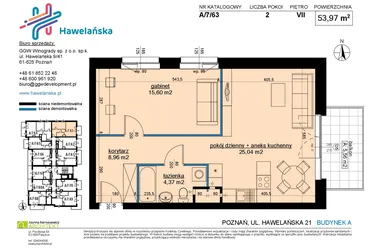 Rzut - Mieszkanie na sprzedaż 2 pokoje o powierzchni 54,27 m² - numer A/7/63 w Osiedle Hawelańska etap III - bud. A