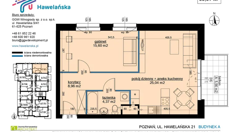 Rzut - Mieszkanie na sprzedaż 2 pokoje o powierzchni 54,27 m² - numer A/7/63 w Osiedle Hawelańska etap III - bud. A