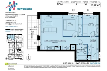 Rzut - Mieszkanie na sprzedaż 3 pokoje o powierzchni 59,98 m² - numer A/7/64 w Osiedle Hawelańska etap III - bud. A