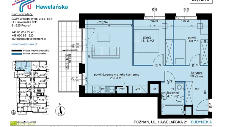Rzut - Mieszkanie na sprzedaż 3 pokoje o powierzchni 59,98 m² - numer A/7/64 w Osiedle Hawelańska etap III - bud. A