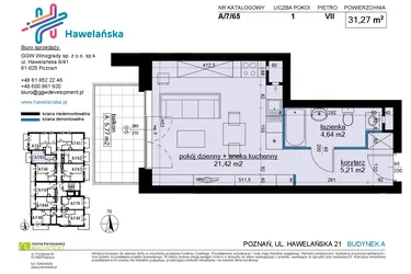 Rzut - Mieszkanie na sprzedaż 1 pokój o powierzchni 31,37 m² - numer A/7/65 w Osiedle Hawelańska etap III - bud. A