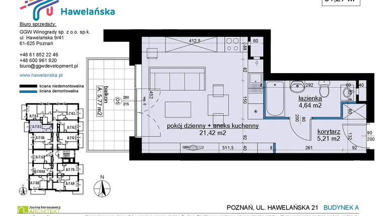 Rzut - Mieszkanie na sprzedaż 1 pokój o powierzchni 31,37 m² - numer A/7/65 w Osiedle Hawelańska etap III - bud. A