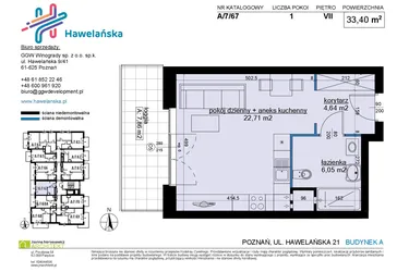 Rzut - Mieszkanie na sprzedaż 1 pokój o powierzchni 33,57 m² - numer A/7/67 w Osiedle Hawelańska etap III - bud. A