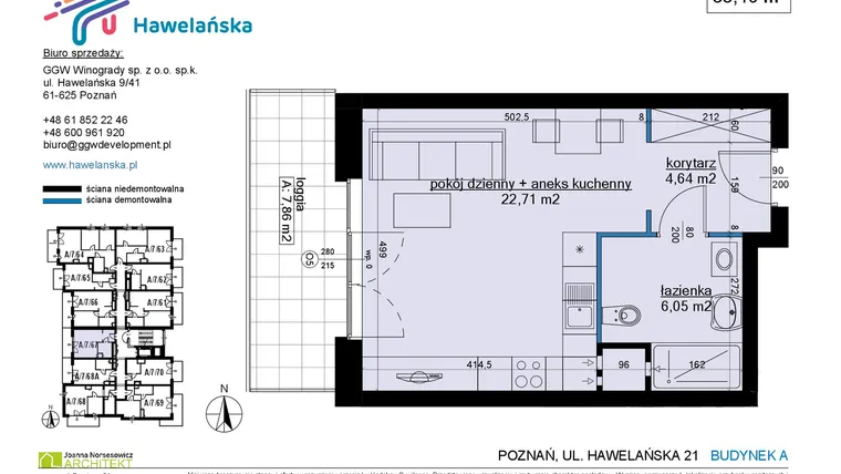 Rzut - Mieszkanie na sprzedaż 1 pokój o powierzchni 33,57 m² - numer A/7/67 w Osiedle Hawelańska etap III - bud. A