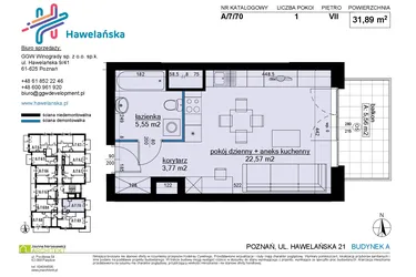 Rzut - Mieszkanie na sprzedaż 1 pokój o powierzchni 32,12 m² - numer A/7/70 w Osiedle Hawelańska etap III - bud. A