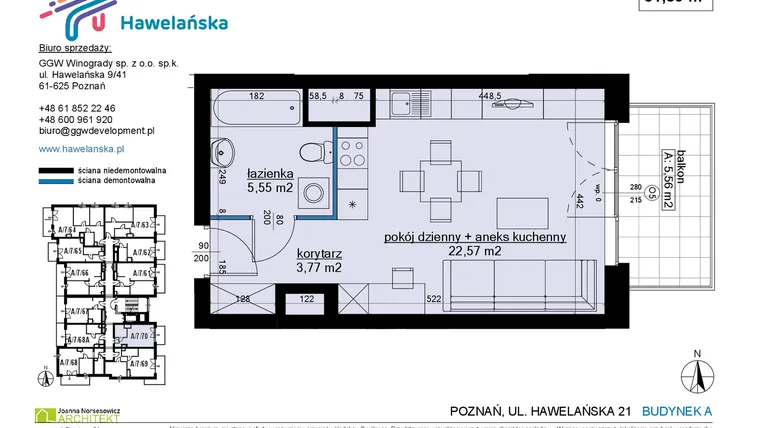 Rzut - Mieszkanie na sprzedaż 1 pokój o powierzchni 32,12 m² - numer A/7/70 w Osiedle Hawelańska etap III - bud. A