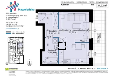 Rzut - Mieszkanie na sprzedaż 1 pokój o powierzchni 34,42 m² - numer A/8/71B w Osiedle Hawelańska etap III - bud. A