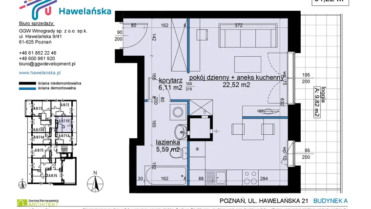 Rzut - Mieszkanie na sprzedaż 1 pokój o powierzchni 34,42 m² - numer A/8/71B w Osiedle Hawelańska etap III - bud. A