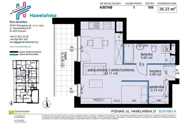 Rzut - Mieszkanie na sprzedaż 1 pokój o powierzchni 36,36 m² - numer A/8/74B w Osiedle Hawelańska etap III - bud. A