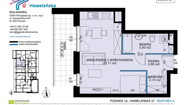 Rzut - Mieszkanie na sprzedaż 1 pokój o powierzchni 36,36 m² - numer A/8/74B w Osiedle Hawelańska etap III - bud. A