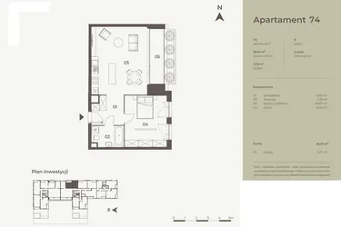 Rzut - Mieszkanie na sprzedaż 2 pokoje o powierzchni 56,81 m² - numer 74 w Monument