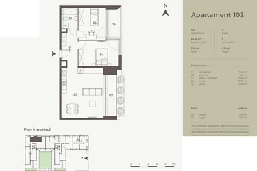 Rzut - Mieszkanie na sprzedaż 3 pokoje o powierzchni 64,89 m² - numer 102 w Monument