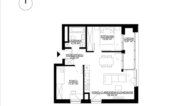 Rzut - Mieszkanie na sprzedaż 3 pokoje o powierzchni 57,85 m² - numer M115 w KrakoVska etap 2