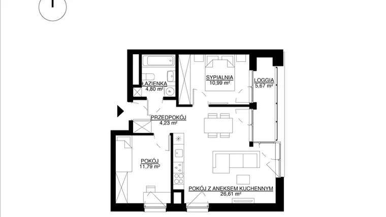 Rzut - Mieszkanie na sprzedaż 3 pokoje o powierzchni 58,42 m² - numer M7 w KrakoVska etap 2