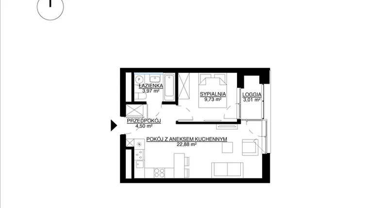 Rzut - Mieszkanie na sprzedaż 2 pokoje o powierzchni 41,08 m² - numer M13 w KrakoVska etap 2
