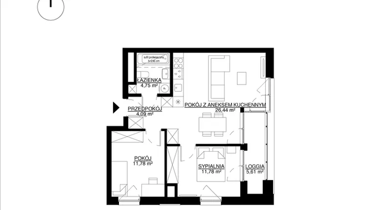 Rzut - Mieszkanie na sprzedaż 3 pokoje o powierzchni 58,22 m² - numer M16 w KrakoVska etap 2