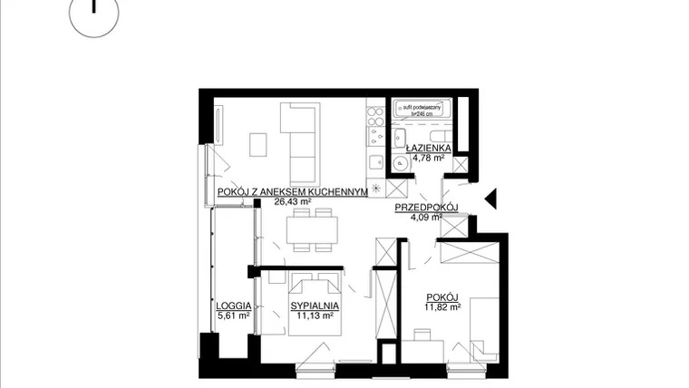 Rzut - Mieszkanie na sprzedaż 3 pokoje o powierzchni 58,25 m² - numer M17 w KrakoVska etap 2