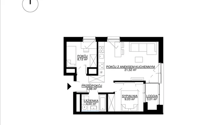 Rzut - Mieszkanie na sprzedaż 3 pokoje o powierzchni 48,15 m² - numer M21 w KrakoVska etap 2