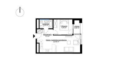 Rzut - Mieszkanie na sprzedaż 2 pokoje o powierzchni 41,09 m² - numer M32 w KrakoVska etap 2