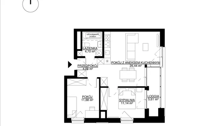 Rzut - Mieszkanie na sprzedaż 3 pokoje o powierzchni 58,05 m² - numer M34 w KrakoVska etap 2
