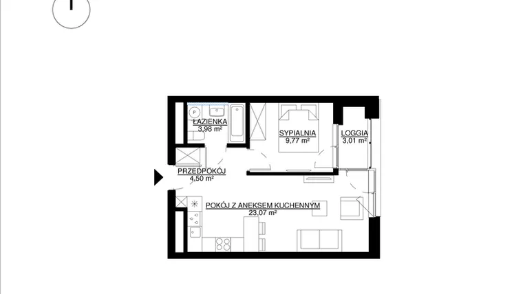 Rzut - Mieszkanie na sprzedaż 2 pokoje o powierzchni 41,32 m² - numer M69 w KrakoVska etap 2