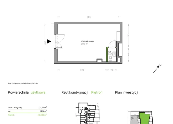 Rzut - Lokal użytkowy na sprzedaż 1 pokój o powierzchni 32,71 m² - numer I/F/U04 w Bochenka Vita