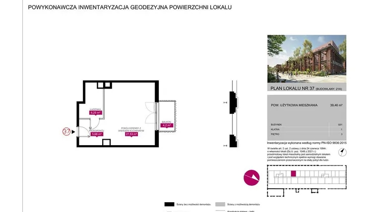 Rzut - Mieszkanie na sprzedaż 1 pokój o powierzchni 39,46 m² - numer 21A w Fuzja Mieszkania Loftowe