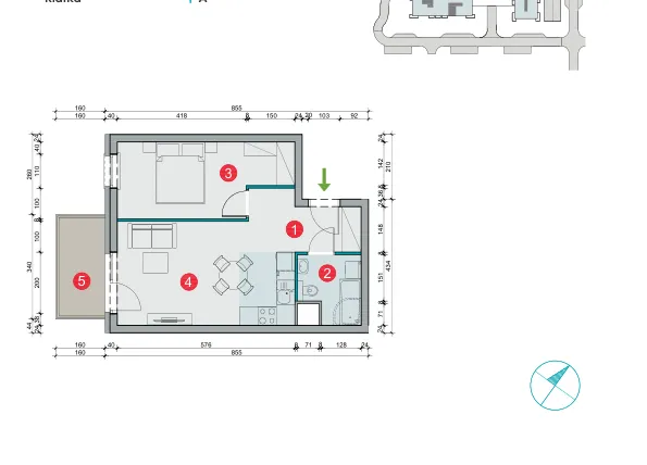Rzut - Mieszkanie na sprzedaż 2 pokoje o powierzchni 40,6 m² - numer 7.5 w Osiedle Uniwersyteckie etap III