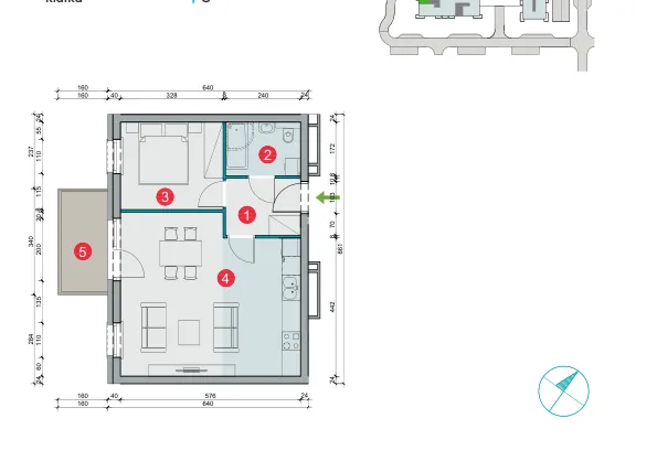 Rzut - Mieszkanie na sprzedaż 2 pokoje o powierzchni 45,38 m² - numer 7.51 w Osiedle Uniwersyteckie etap III