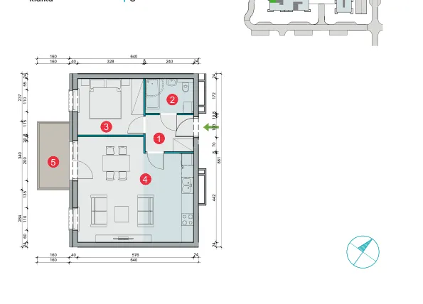 Rzut - Mieszkanie na sprzedaż 2 pokoje o powierzchni 45,38 m² - numer 7.57 w Osiedle Uniwersyteckie etap III
