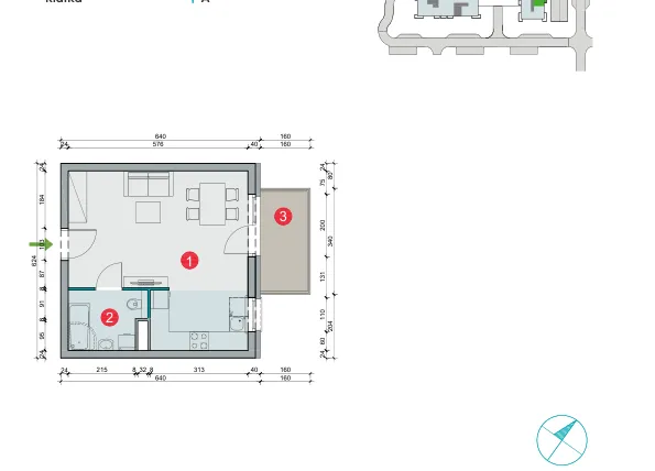 Rzut - Mieszkanie na sprzedaż 1 pokój o powierzchni 32,02 m² - numer 8.1 w Osiedle Uniwersyteckie etap III