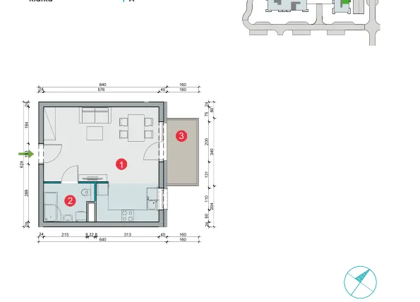 Rzut - Mieszkanie na sprzedaż 1 pokój o powierzchni 32,02 m² - numer 8.8 w Osiedle Uniwersyteckie etap III