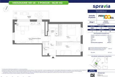 Rzut - Mieszkanie na sprzedaż 3 pokoje o powierzchni 56,96 m² - numer 46 w Osiedle Prystora