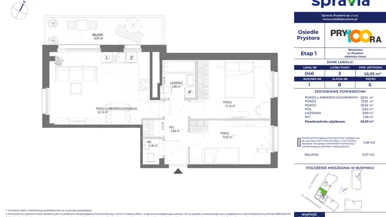 Rzut - Mieszkanie na sprzedaż 3 pokoje o powierzchni 56,96 m² - numer 46 w Osiedle Prystora