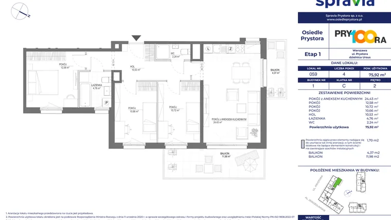 Rzut - Mieszkanie na sprzedaż 4 pokoje o powierzchni 76,01 m² - numer 59 w Osiedle Prystora