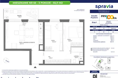 Rzut - Mieszkanie na sprzedaż 3 pokoje o powierzchni 55,23 m² - numer 65 w Osiedle Prystora
