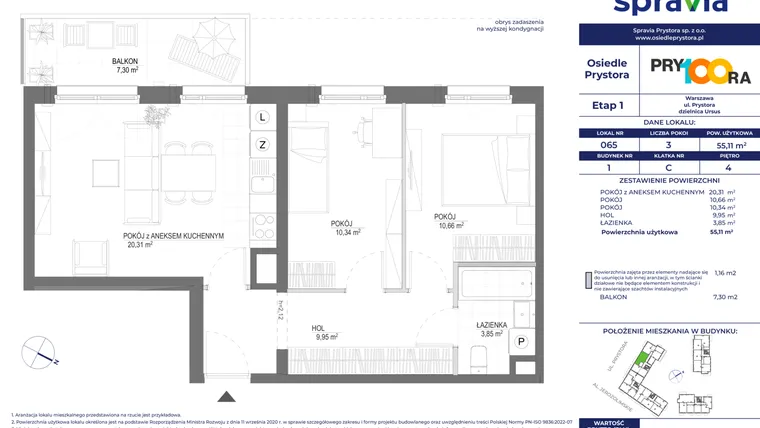Rzut - Mieszkanie na sprzedaż 3 pokoje o powierzchni 55,23 m² - numer 65 w Osiedle Prystora