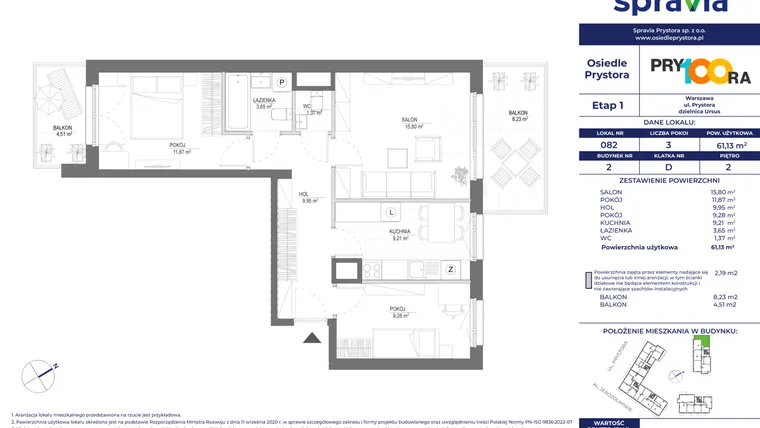 Rzut - Mieszkanie na sprzedaż 3 pokoje o powierzchni 61,29 m² - numer 82 w Osiedle Prystora