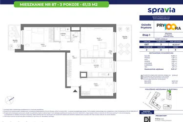 Rzut - Mieszkanie na sprzedaż 3 pokoje o powierzchni 61,51 m² - numer 87 w Osiedle Prystora