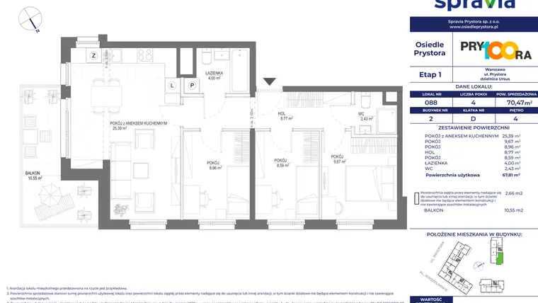 Rzut - Mieszkanie na sprzedaż 4 pokoje o powierzchni 68,74 m² - numer 88 w Osiedle Prystora