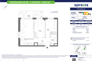 Rzut - Mieszkanie na sprzedaż 3 pokoje o powierzchni 48,02 m² - numer 89 w Osiedle Prystora