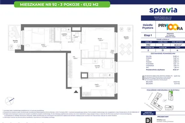 Rzut - Mieszkanie na sprzedaż 3 pokoje o powierzchni 61,45 m² - numer 92 w Osiedle Prystora