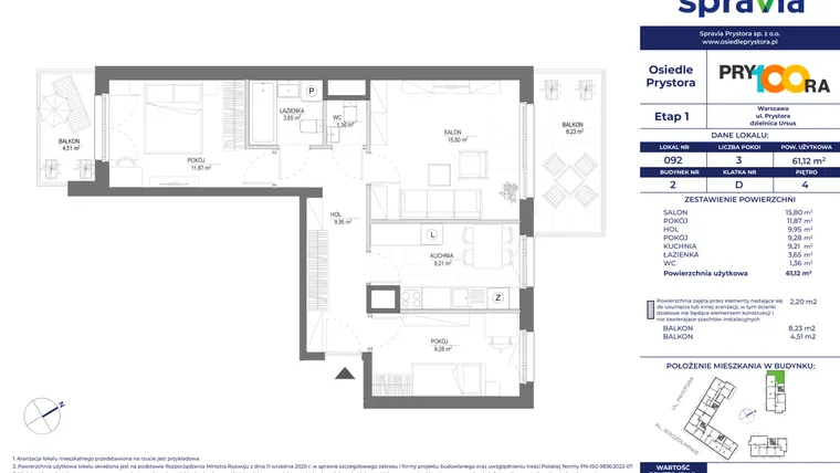 Rzut - Mieszkanie na sprzedaż 3 pokoje o powierzchni 61,45 m² - numer 92 w Osiedle Prystora