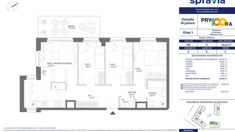 Rzut - Mieszkanie na sprzedaż 4 pokoje o powierzchni 66,22 m² - numer 116 w Osiedle Prystora