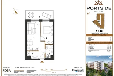 Rzut - Mieszkanie na sprzedaż 2 pokoje o powierzchni 39,48 m² - numer A2.09 w Portside Bałtycka