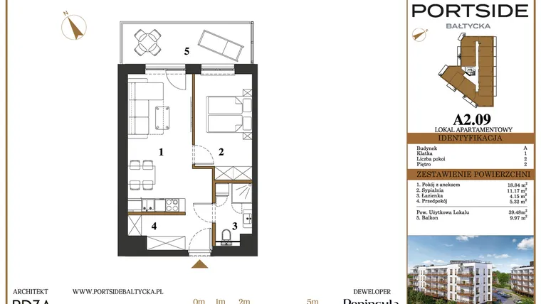 Rzut - Mieszkanie na sprzedaż 2 pokoje o powierzchni 39,48 m² - numer A2.09 w Portside Bałtycka
